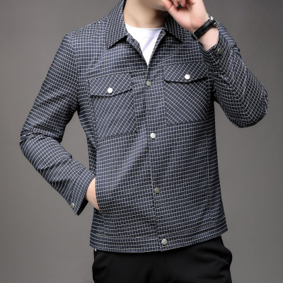 春秋休闲外货简约青年男翻领轻奢上衣外套休闲衬衫纽扣夹克_571