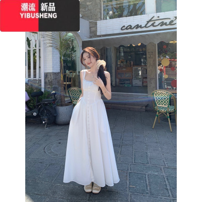 YIBUSHENG白色蕾丝花边吊带连衣裙女季甜美温柔初恋长裙法式收腰a字裙子