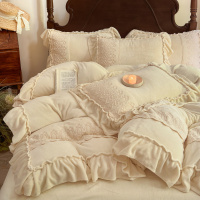 法式花边刺绣牛奶绒床上四件套冬天加厚珊瑚绒被套床单超柔软床笠