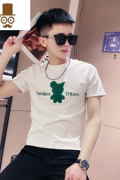 YANXU潮牌ins网红短袖男士刺绣植绒t恤衫夏季2023新款半袖体恤上衣