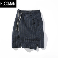HLCOMAN日系亚麻短裤男青年大码宽松复古麻棉五分裤纯色条纹运动沙滩裤薄