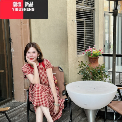 YIBUSHENG[莫奈花园风]简约风高级感时尚显瘦复古红格子绵绸连衣裙(有口