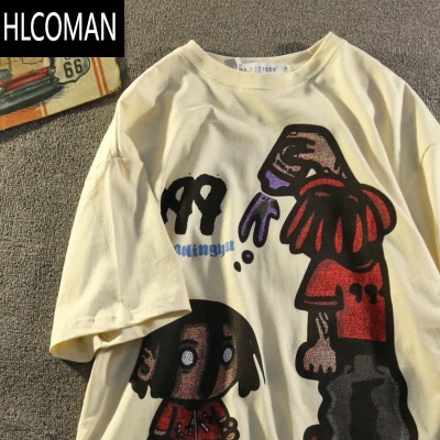 HLCOMAN美式潮牌卡通嘻哈人物短袖T恤男夏季ins宽松街头上衣