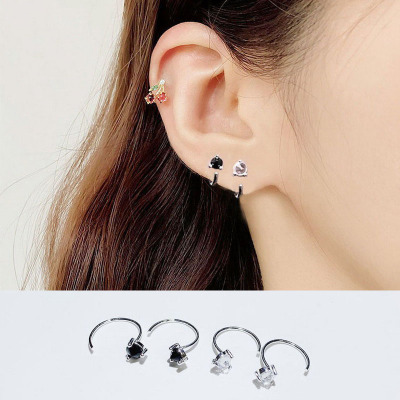 潮925纯银小耳环女气质冷淡风简约百搭情侣男黑耳钉迷你弯钩耳扣送女朋友老婆情人节七夕生日礼物