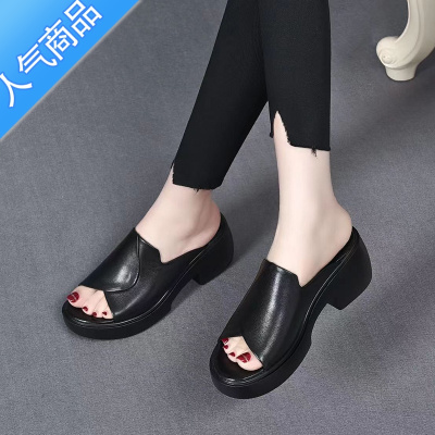 SUNTEK2023夏季新款厚底凉拖女粗跟一字拖鞋外穿时尚皮托高跟凉拖鞋