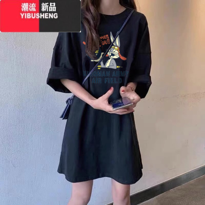 YIBUSHENG中长款大码连衣裙女港味chic短袖T恤女200斤胖mm设计感上衣服