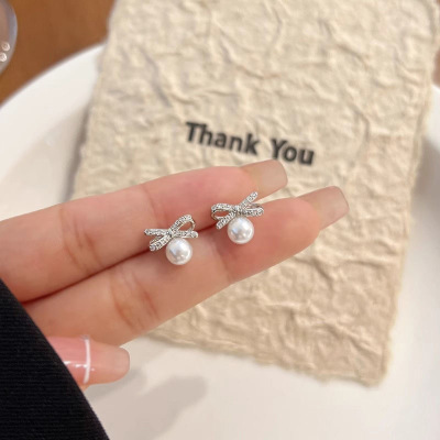 s925银针蝴蝶结珍珠耳钉女精致小巧高级感气质耳环轻奢简约耳饰送女朋友老婆情人节七夕生日礼物
