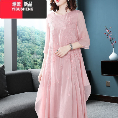 YIBUSHENG中国风刺绣改良旗袍连衣裙新款大码女装春季女装复古长裙子