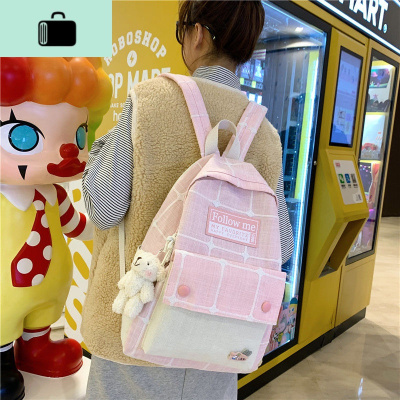 ins风书包女学生韩版初中大容量帆布格子双肩包甜美可爱背包高中NEW LAKE