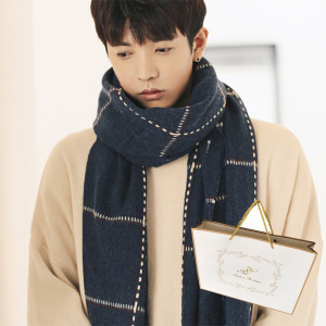 迪鲁奥(DILUAO)围巾情侣冬季生日韩版学生情侣士围巾百搭简约格子围脖情侣礼盒装潮 藏青色手提袋