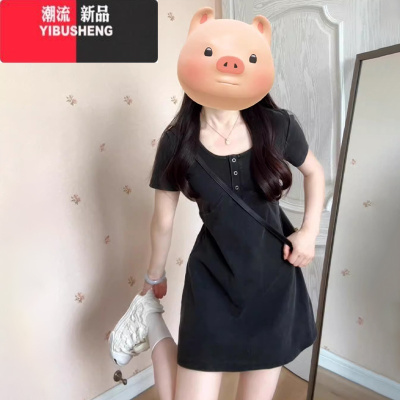 YIBUSHENG法式赫本风方领短袖连衣裙子女季2024新款收腰显瘦气质a字短裙