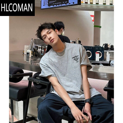 HLCOMANins美式复古字母简约短袖T恤男夏季正肩宽松小领口半袖上衣潮