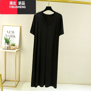YIBUSHENG莫代尔V领连衣裙女季大码宽松薄款短袖家居睡裙A字裙大摆裙长裙
