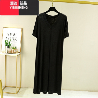 YIBUSHENG莫代尔V领连衣裙女季大码宽松薄款短袖家居睡裙A字裙大摆裙长裙