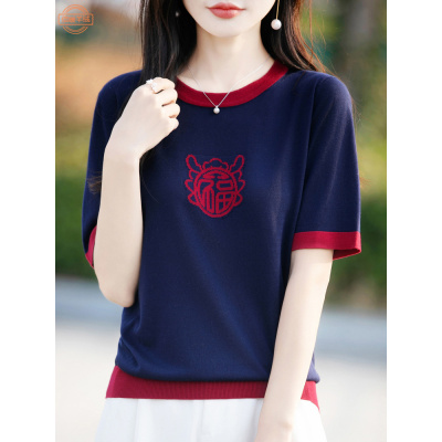 福字针织短袖女夏季新款大码女装拼色薄款上衣设计感圆领天丝T恤