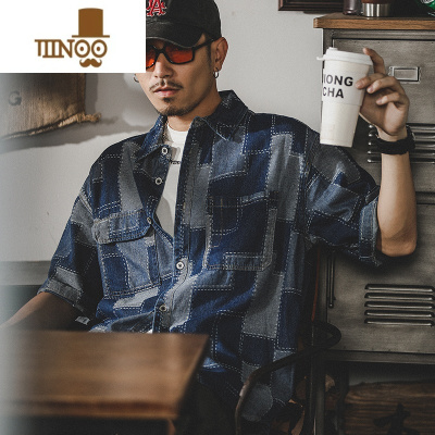 YANXU美式提花格子衬衫男短袖夏季宽松2023新款牛仔衬衣工装外套男