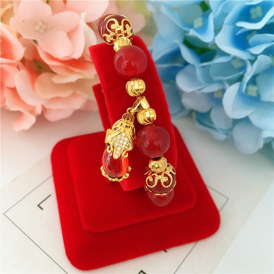新款红玛瑙手链女款欧币镀金玛瑙珠手串仿金沙金貔貅吊坠幸运福气送女朋友老婆情人节七夕生日礼物