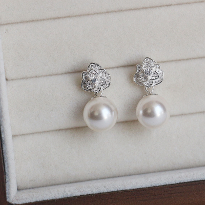 S925纯银山茶花耳钉女施家珍珠小众设计感高级轻奢气质耳环复古潮送女朋友老婆情人节七夕生日礼物