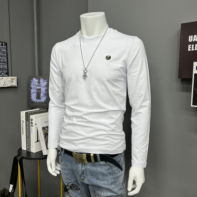 春秋新款男士长袖T恤打底衫小标简约圆领内搭上衣欧货男装时尚潮i_1