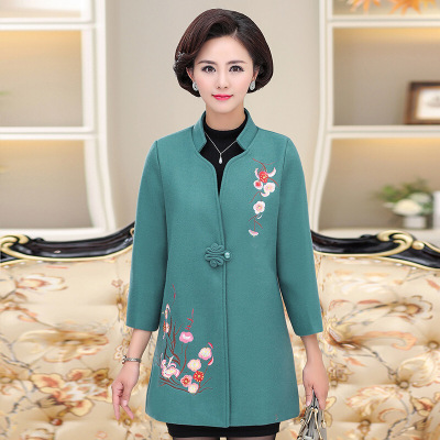 迪鲁奥(DILUAO)[品质女装]妈妈秋装外套2021新款中年女装春秋长款呢子大衣大码妇女立领上衣