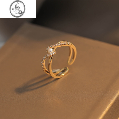 JiMi独特交叉珍珠戒指2023年新款潮女时尚个性开口食指戒轻奢气质指环