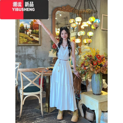YIBUSHENG甜十八 波西米亚甜美仙白色长裙度假无袖吊带裙穿搭大摆连衣裙