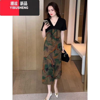 YIBUSHENG新款宽松口袋连衣裙过膝遮肚子显瘦花色A字裙拼接V领大码季裙子