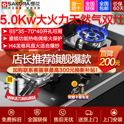 [年度销售王]樱花 普通燃气灶 BBG09 天然气灶 煤气灶双灶 台式嵌入式两用5.0KW 大火力灶台 天然气