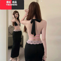 YIBUSHENG挂脖大露背假两件设计感连衣裙拼接蕾丝露腰修身显瘦性感辣妹长裙