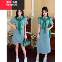 YIBUSHENG大码女装港风POLO领正肩短袖牛仔连衣裙季胖mm收腰显瘦A字短裙