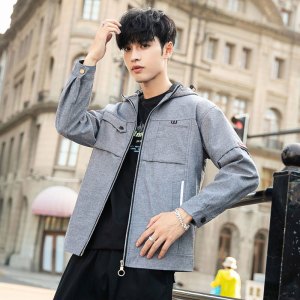 梵克公牛潮流夹克男 2021热季男士夹克连帽新款韩版帅气修身衣服男士上衣时尚百搭上装 灰色 M