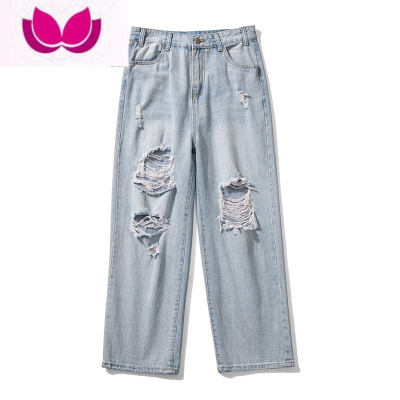 七斓破洞牛仔裤男款夏季薄款潮流九分裤潮牌美式高街宽松直筒阔腿裤子