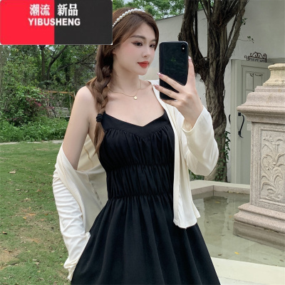 YIBUSHENG大码胖MM赫本风黑色连衣裙女季收腰吊带裙子外搭开衫外套两件套