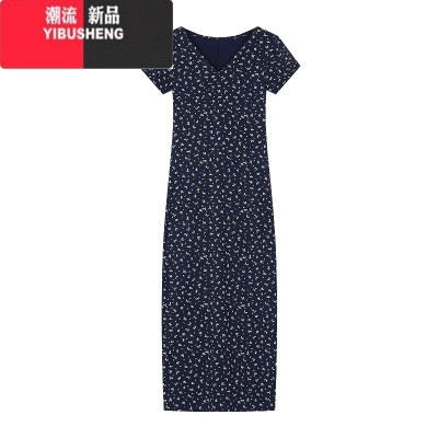 YIBUSHENG法式复古碎花V领短袖连衣裙女季气质收腰包臀裙长裙子