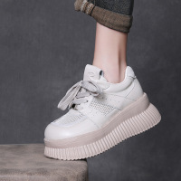 头层牛皮英伦风网面透气单鞋2025春季新款超轻系带厚底增高女鞋