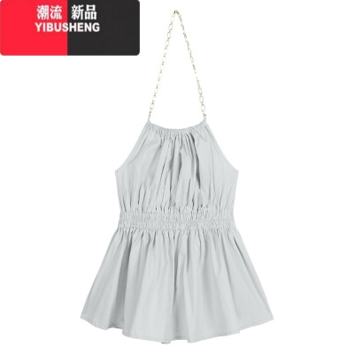 YIBUSHENG辣妹性感挂脖吊带连衣裙女季短裙收腰褶皱露肩纯欲气质a字裙子