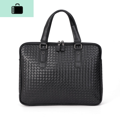 新款手工编织手提包男包横款商务皮质单肩斜跨包韩版休闲公文包潮NEW LAKE 黑色