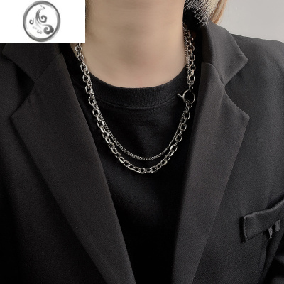 JiMi欧美ins个性OT扣项链男女简约双层叠戴素圈链条时尚短款卫衣链