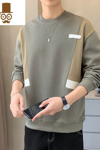 YANXU款男士卫衣高品质潮牌宽松圆领套头拼接撞色外套男装长袖t恤