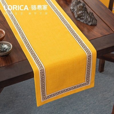 美式桌旗新中式禅意茶旗布现代简约茶几餐桌北欧电视 福延年-黄色(平角款) 33*300cm(适用桌长2.4米-2.6米)