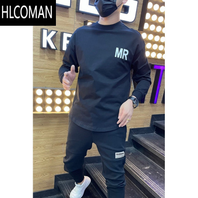 HLCOMAN2024秋季潮流圆领卫衣男开衩内搭上衣服潮牌字母套头T恤宽松长袖