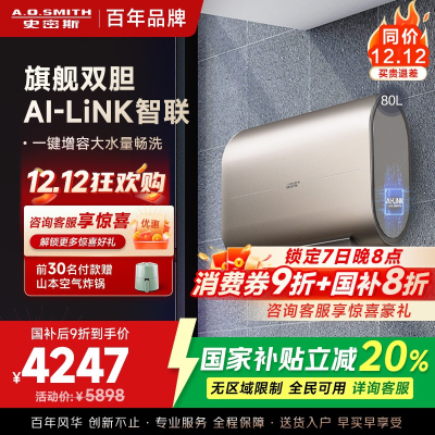 史密斯80升电热水器 家用 双胆扁桶 纤薄黑科技 大屏触控 双擎速热 E80HGDWi一级能效 储水式