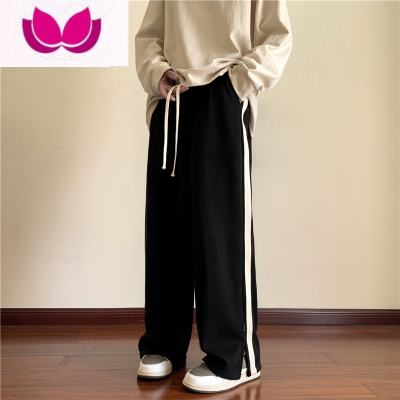 七斓美式复古织带条纹运动卫裤男潮ins直筒阔腿裤子高级感开叉休闲裤