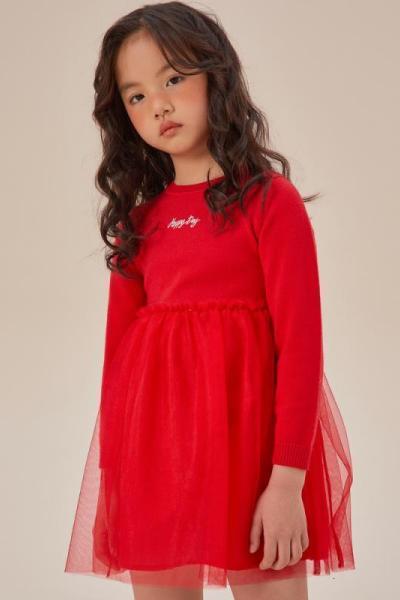 [1件3折价:73.5]moomoo童装女童毛织连衣裙春秋新款红色公主裙洋气儿童网纱裙