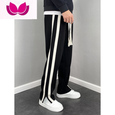 七斓裤子男春季新款开叉阔腿休闲裤潮牌运动裤小脚直筒裤竖条拖地卫裤