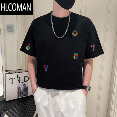 HLCOMAN印花2025新款衣服T恤男ins潮牌白色半袖男装创意百搭圆领短袖上衣