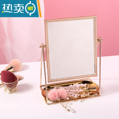 敬平网红ins少女心化妆镜便携欧式金边小圆镜旋转台式桌面化妆品镜子便携式用镜 玫瑰金方镜+金色碟子 送美妆蛋托