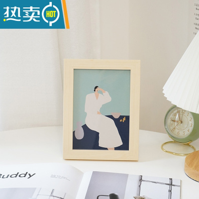 敬平 ins风木质画框摆件卧室7寸摆台相架照片卡片装饰画相框 原木相框 + 白裙女孩油画布 7寸