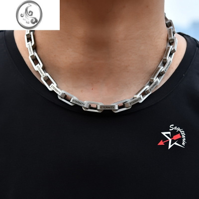 JiMi磨砂刻字粗方扣项链 钛钢拉丝竹节链男士街头风潮牌时尚礼品配饰