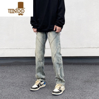 YANXU非潮勿近高街美式复古做旧水拼接牛仔裤男宽松直筒hiphop垂感裤子